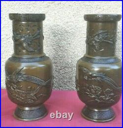Paire De Vases A Longs Cols En Bronze Patine Japon Fin Du Xix° Siecle