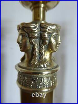 Paire Flambeaux Bronze Dore Tête Cariatide A L'antique XIX Siecle Empire