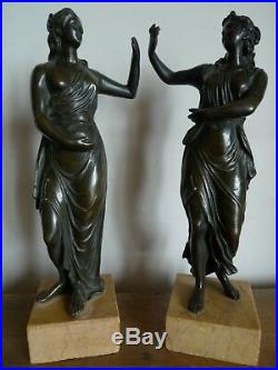 Paire Sculpture Statue Femme A L'antique Bronze Sur Marbre Milieu XIX Siecle