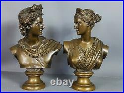 Paire buste Diane & Apollon XIXe siècle, bronze belle patine et état