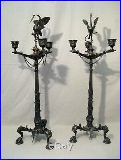 Paire de candélabres aux hérons en bronze Caen Barbedienne époque XIX siècle