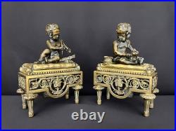 Paire de chenets anciens en bronze Bouhon Frères, Paris, XIXe siècle
