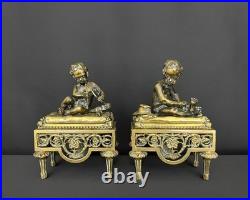 Paire de chenets anciens en bronze Bouhon Frères, Paris, XIXe siècle