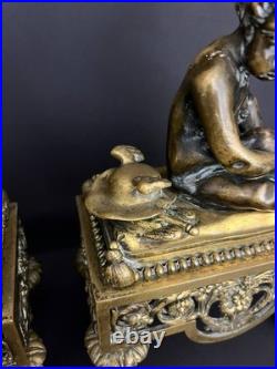 Paire de chenets anciens en bronze Bouhon Frères, Paris, XIXe siècle