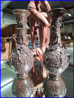 Paire de vases asiatiques en bronze à décor en relief XIXe siècle