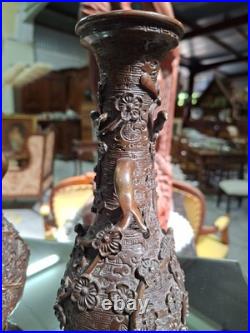 Paire de vases asiatiques en bronze à décor en relief XIXe siècle