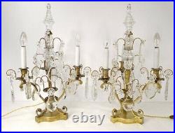 Paire girandoles 3 feux bronze pampilles cristal taillé fleurs XIXè siècle