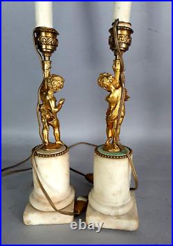 Paire lampes chérubins bronze doré sur marbre Style LOuis XVI, XIXe siècle B685