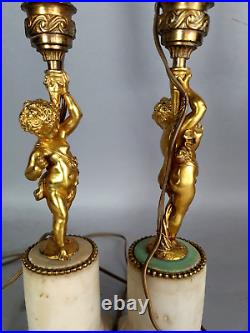 Paire lampes chérubins bronze doré sur marbre Style LOuis XVI, XIXe siècle B685