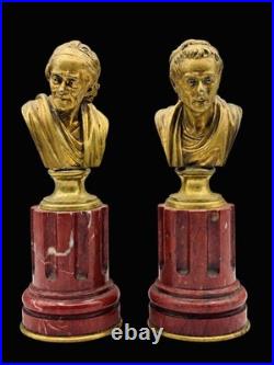 RARE PAIRE DE BUSTES DE PHILOSOPHES EN BRONZE DORÉ MARBRE ROUGE XIXe SIÈCLE