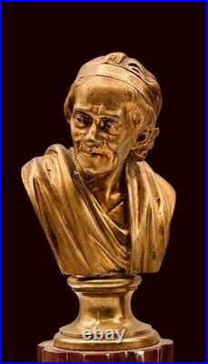 RARE PAIRE DE BUSTES DE PHILOSOPHES EN BRONZE DORÉ MARBRE ROUGE XIXe SIÈCLE