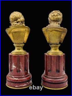 RARE PAIRE DE BUSTES DE PHILOSOPHES EN BRONZE DORÉ MARBRE ROUGE XIXe SIÈCLE