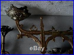 Rare Grande Bougeoir 3 Bras Neogothique Eglise Bronze XIX Siecle