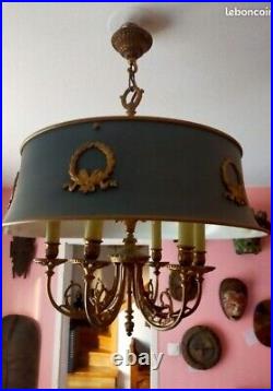 Rare lustre bouillotte Empire du XIXe siècle six branche orné de bronze