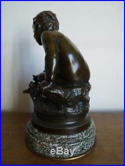 Sculpture Statue L'enfant Au Canard Bronze Signe Auguste Moreau Xix/xx Siecle