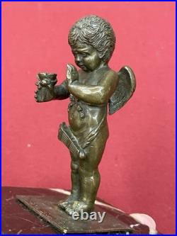 Statuette Bronze Chérubin Ange Ailé Angelot Socle Marbre XIXe Siècle Rare