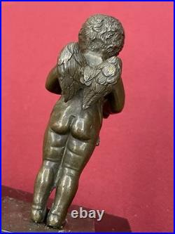 Statuette Bronze Chérubin Ange Ailé Angelot Socle Marbre XIXe Siècle Rare