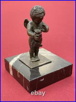 Statuette Bronze Chérubin Ange Ailé Angelot Socle Marbre XIXe Siècle Rare
