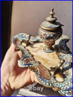 Superbe Encrier Porte Plume En Bronze Cloisonné Et Onyx, XIX ème Siècle