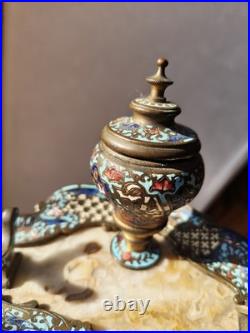 Superbe Encrier Porte Plume En Bronze Cloisonné Et Onyx, XIX ème Siècle