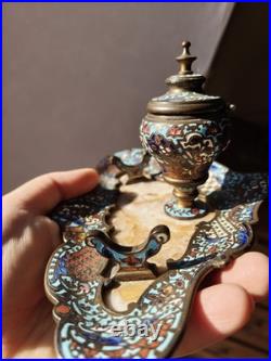 Superbe Encrier Porte Plume En Bronze Cloisonné Et Onyx, XIX ème Siècle