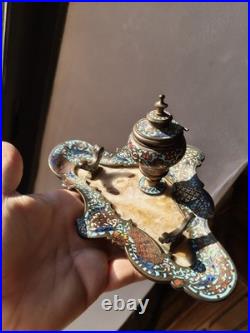 Superbe Encrier Porte Plume En Bronze Cloisonné Et Onyx, XIX ème Siècle