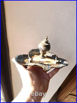 Superbe Encrier Porte Plume En Bronze Cloisonné Et Onyx, XIX ème Siècle
