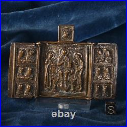 Triptyque en Bronze Orthodoxe Russe Icône de Voyage Fin XIXe Siècle