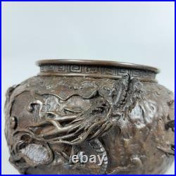 Vase Antique Sculpture En Bronze Relief Dragon Ryu Meiji Japon XIXe Siècle