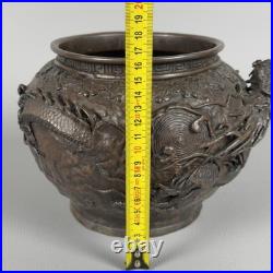 Vase Antique Sculpture En Bronze Relief Dragon Ryu Meiji Japon XIXe Siècle