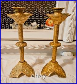 XIX Siecle Paire De Bougeoir En Bronze Dore Decor Feuilles De Vigne H 30 CM