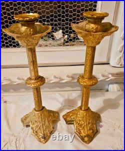 XIX Siecle Paire De Bougeoir En Bronze Dore Decor Feuilles De Vigne H 30 CM