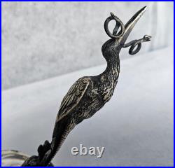 XIX Siecle Porte Menu Heron En Pied En Bronze Argenté Orfevre Pillet H 16 CM